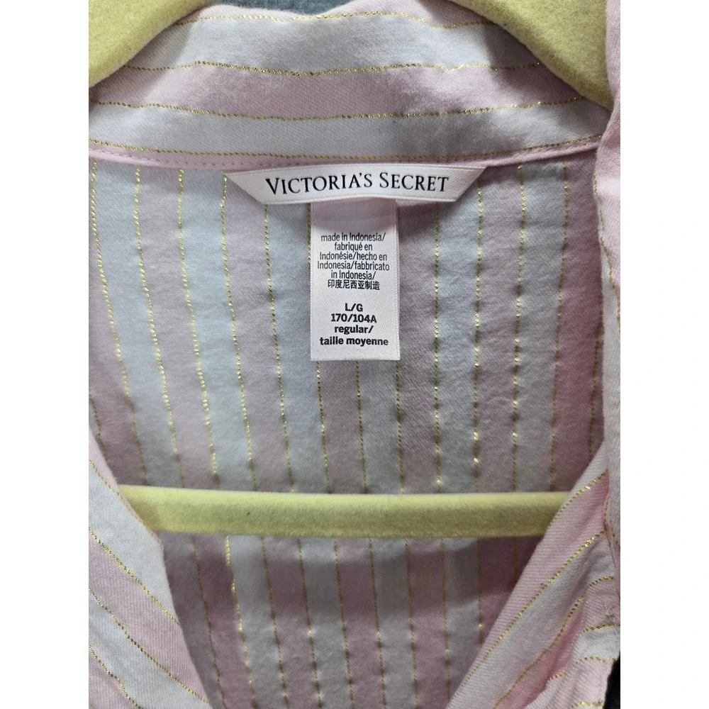 Victoria's Secret Pink White Striped Gold Lurex Pajama Set Large Button Down PJ - Picture 4 of 10